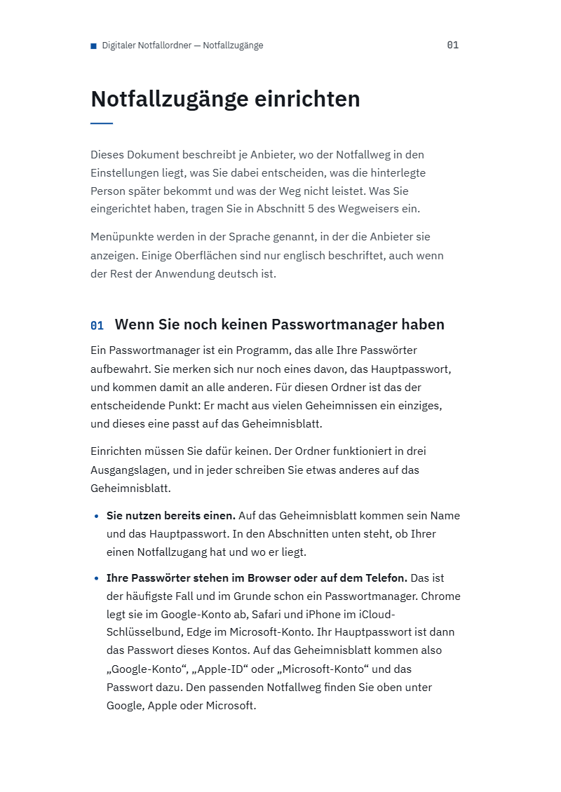 Seite aus der Datei einrichtung-notfallzugaenge.pdf mit dichtem Anleitungstext zum Vorgehen bei Microsoft und zum Passwortmanager Bitwarden