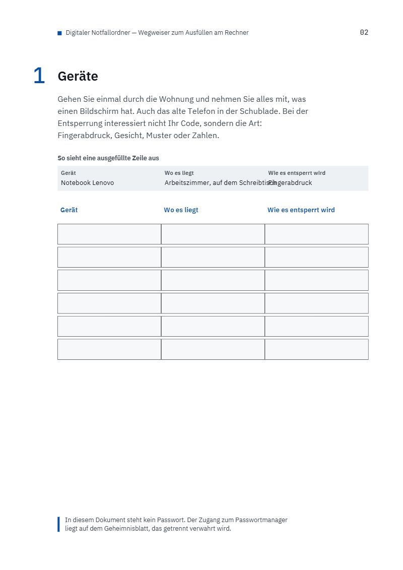 Seite 2 der Datei wegweiser-ausfuellbar.pdf mit der Überschrift 2. Konten und Abos, die Geld kosten und ausgefüllten Beispielzeilen für Netflix, Spotify Familie und Adobe Fotografie